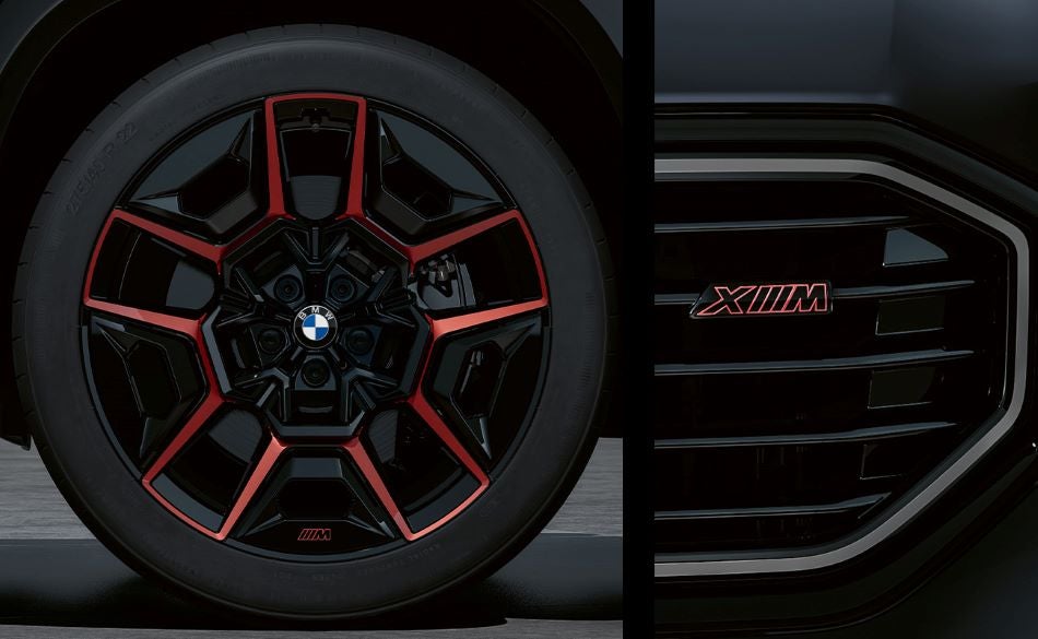 Detailed images of exclusive 22” M Wheels with red accents and XM badging on Illuminated Kidney Grille. in Tom Bush BMW Jacksonville | Jacksonville FL