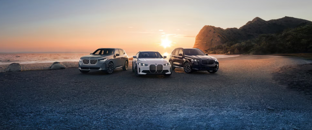 Three BMW vehicles parked on a textured surface by a scenic coastline at sunrise.
