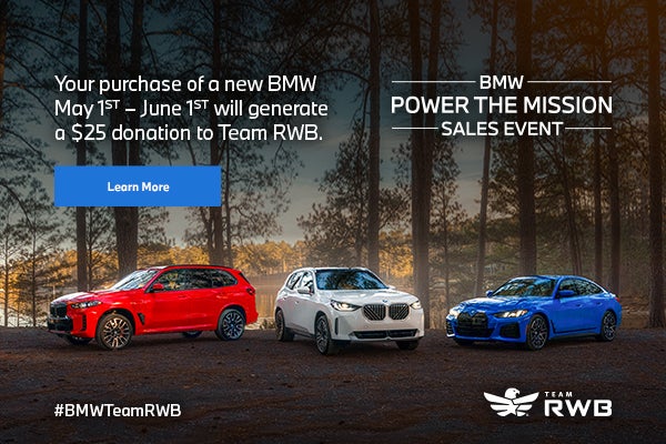 BMW Power the Mission Sales Event featuring the 2026 BMW X5 in red, the BMW X3 in white and the BMW i4 M50 in Blue.
